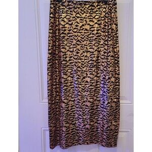 ZARA Tiger Print Knit Midi Sequin Skirt Black Gold Size M Pull On Elastic Waist